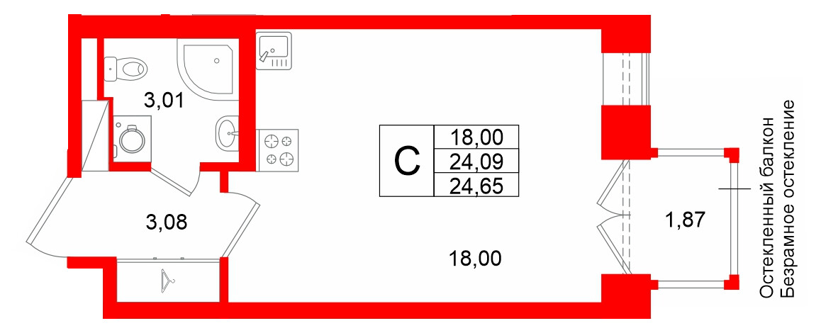 Квартира в ЖК «Аристократ», студия, 24.09 м², 7 этаж