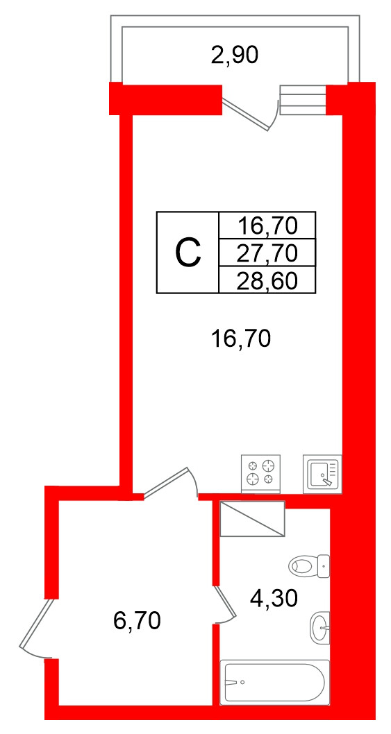 Квартира в ЖК «Яркий», студия, 27.7 м², 7 этаж
