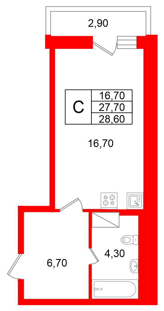 Квартира в ЖК «Яркий», студия, 27.7 м², 9 этаж