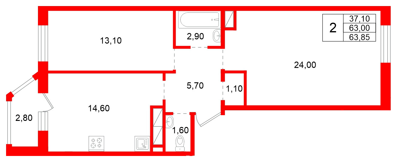 Квартира в ЖК Аннинский парк, 2 комнатная, 63 м², 1 этаж