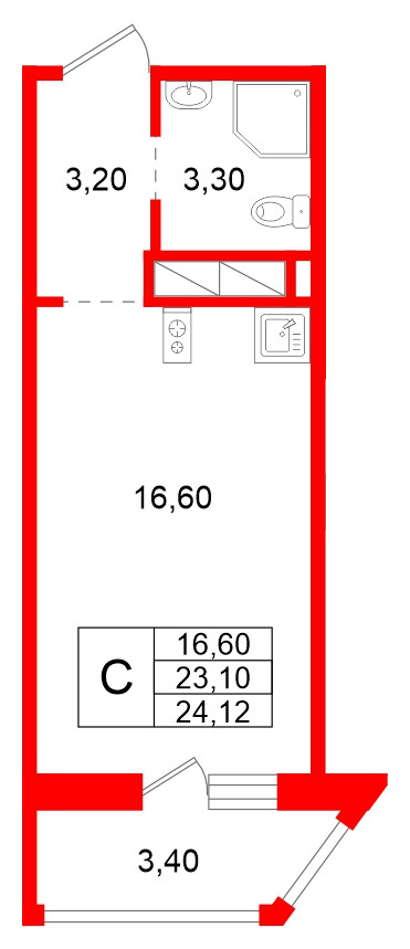 Квартира в ЖК Аннинский парк, студия, 23.1 м², 1 этаж