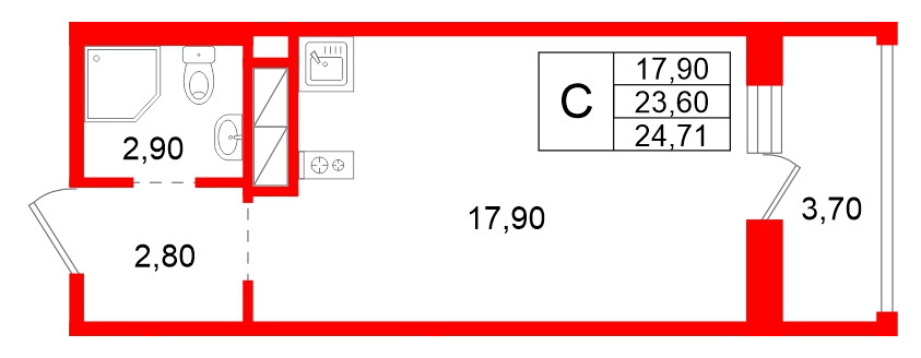 Квартира в ЖК Аннинский парк, студия, 23.6 м², 2 этаж