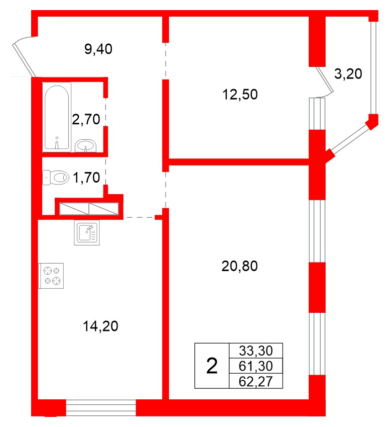 Квартира в ЖК Аннинский парк, 2 комнатная, 61.3 м², 7 этаж