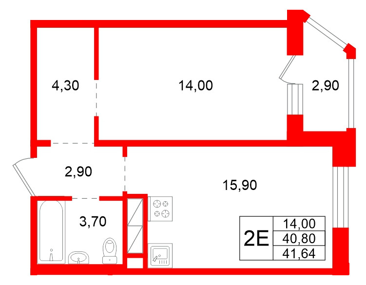 Квартира в ЖК Аннинский парк, 1 комнатная, 40.8 м², 9 этаж