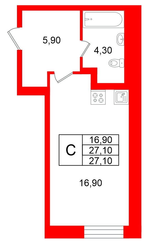 Квартира в ЖК «Яркий», студия, 27.1 м², 2 этаж