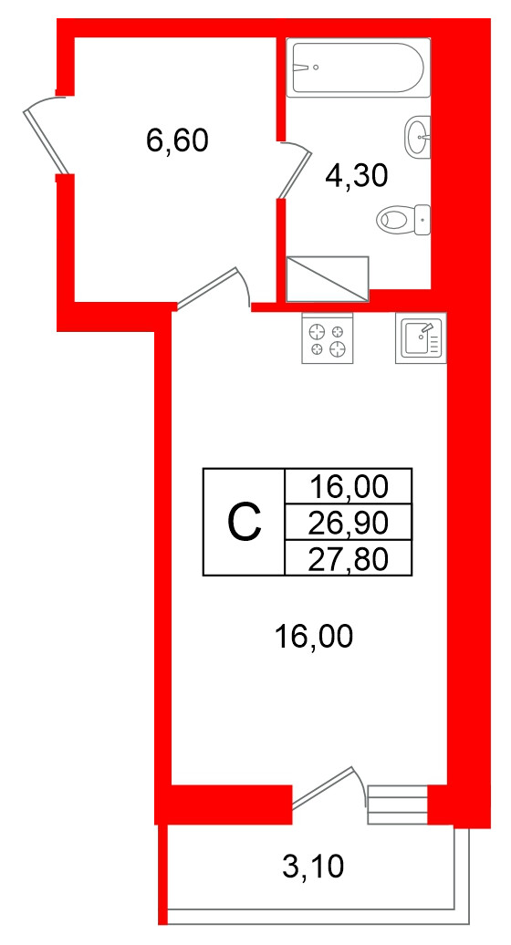 Квартира в ЖК «Яркий», студия, 26.9 м², 10 этаж