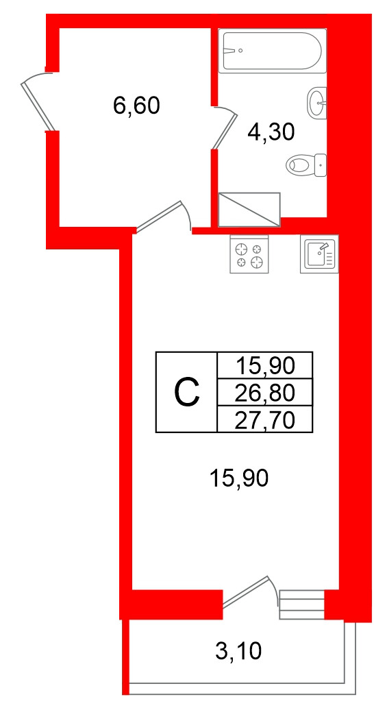 Квартира в ЖК «Яркий», студия, 26.8 м², 11 этаж