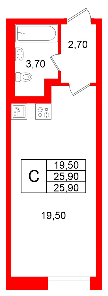 Квартира в ЖК «Яркий», студия, 25.9 м², 2 этаж