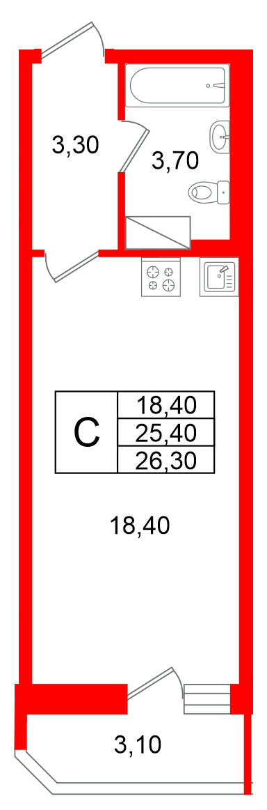 Квартира в ЖК «Яркий», студия, 25.4 м², 11 этаж