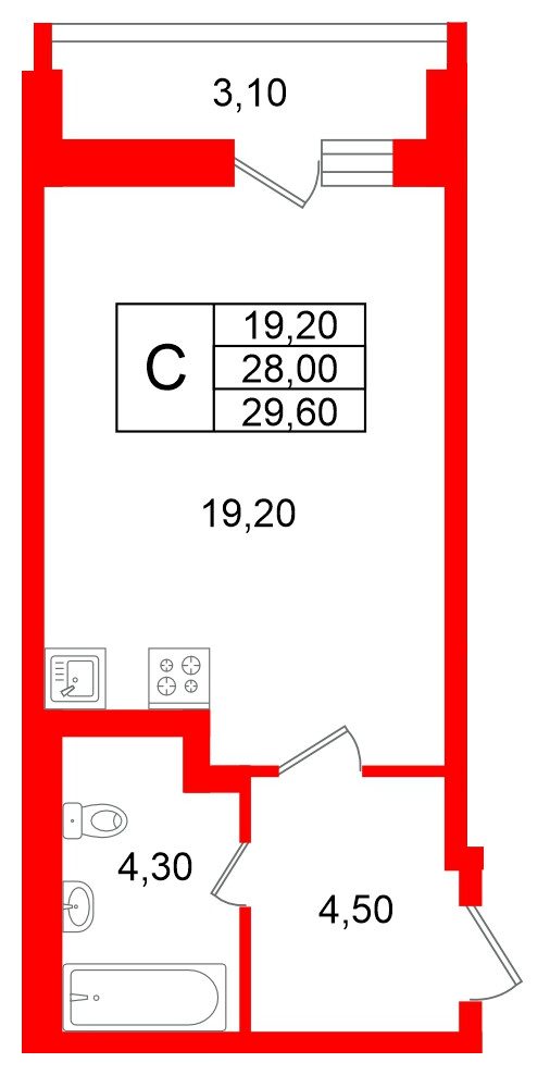 Квартира в ЖК «Яркий», студия, 28 м², 2 этаж