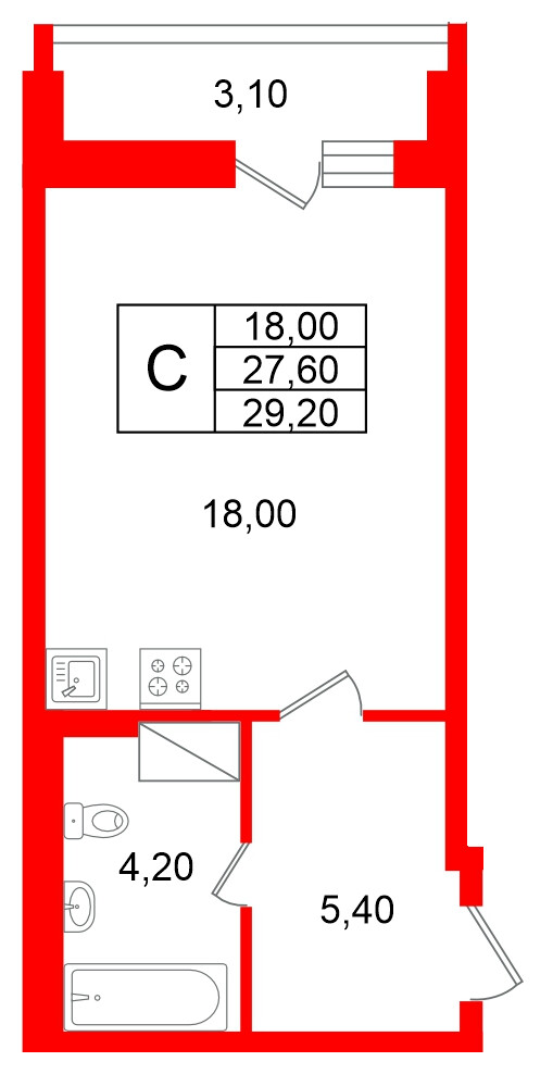 Квартира в ЖК «Яркий», студия, 27.6 м², 10 этаж