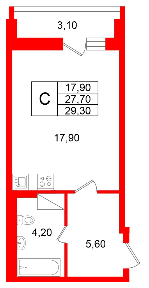 Квартира в ЖК «Яркий», студия, 27.7 м², 12 этаж