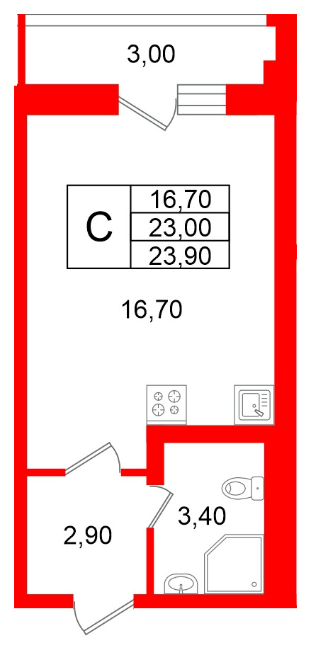 Квартира в ЖК «Яркий», студия, 23 м², 2 этаж