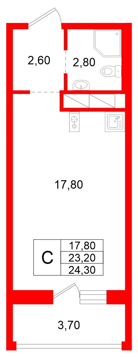 Квартира в ЖК Аннинский парк, студия, 23.2 м², 4 этаж