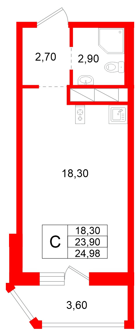 Квартира в ЖК Аннинский парк, студия, 23.9 м², 5 этаж