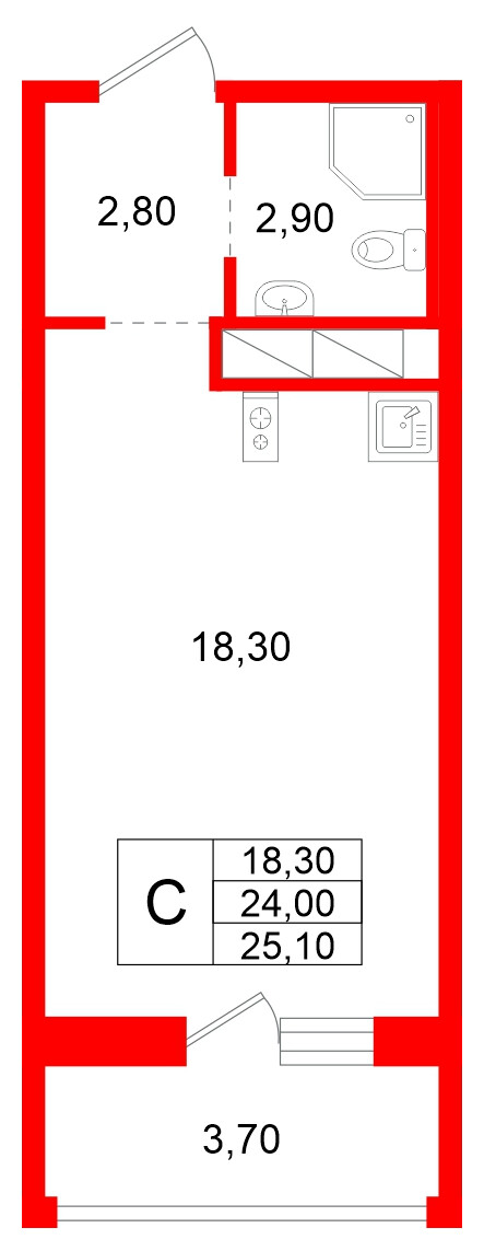 Квартира в ЖК Аннинский парк, студия, 24 м², 6 этаж
