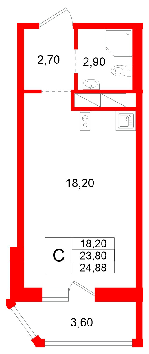 Квартира в ЖК Аннинский парк, студия, 23.8 м², 6 этаж