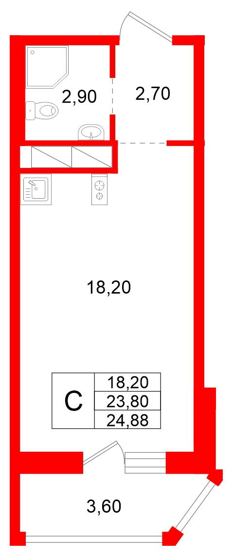 Квартира в ЖК Аннинский парк, студия, 23.8 м², 8 этаж
