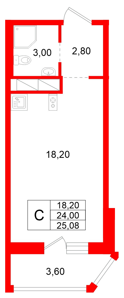 Квартира в ЖК Аннинский парк, студия, 24 м², 10 этаж