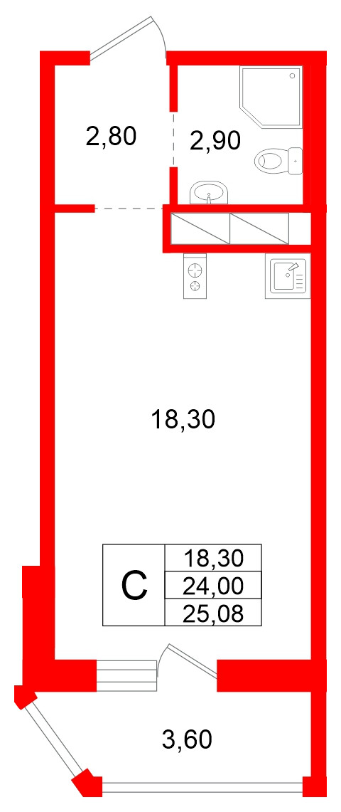 Квартира в ЖК Аннинский парк, студия, 24 м², 10 этаж
