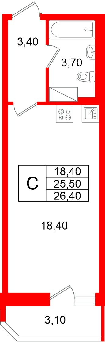 Квартира в ЖК «Яркий», студия, 25.5 м², 6 этаж