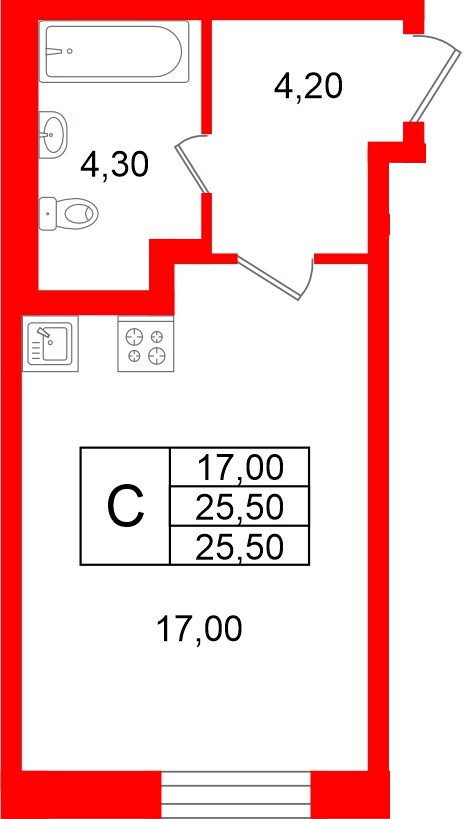 Квартира в ЖК «Яркий», студия, 25.5 м², 2 этаж