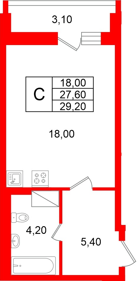 Квартира в ЖК «Яркий», студия, 27.6 м², 6 этаж