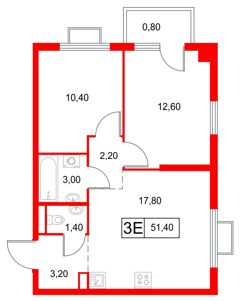 Квартира в ЖК Янинский Лес, 2 комнатная, 51.4 м², 4 этаж