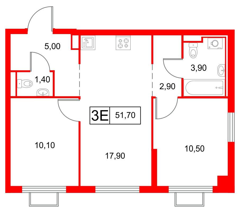 Квартира в ЖК Янинский Лес, 2 комнатная, 51.7 м², 9 этаж