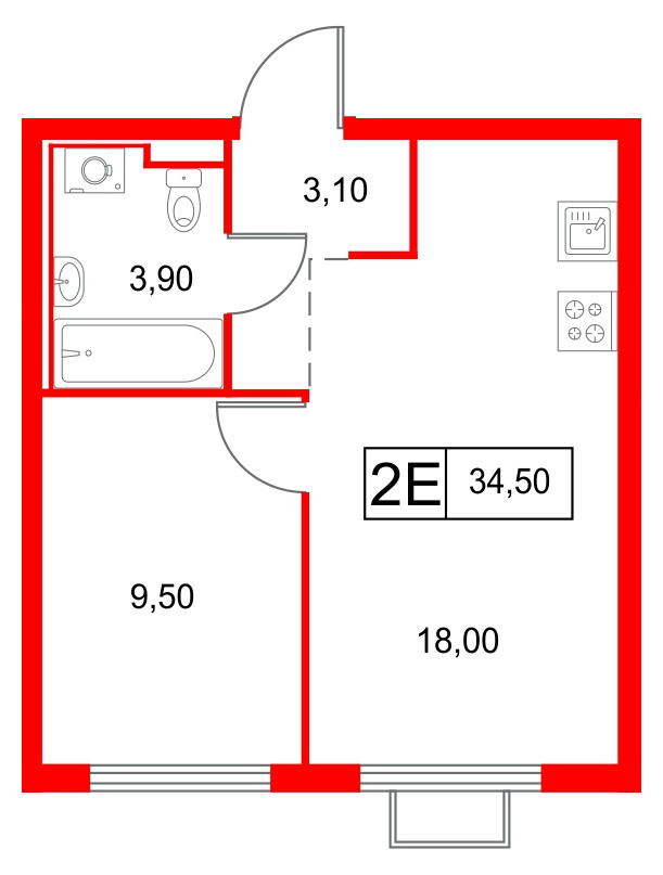 Квартира в ЖК Янинский Лес, 1 комнатная, 34.5 м², 6 этаж