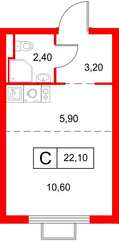 Планировка — Студия квартира, 22,1 м² в ЖК «Янинский Лес»