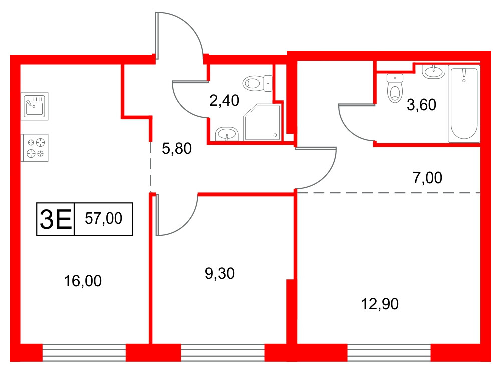 Квартира в ЖК Янинский Лес, 2 комнатная, 57 м², 1 этаж
