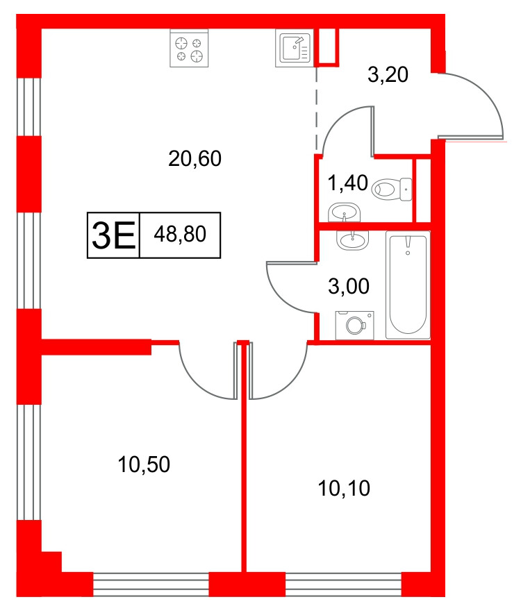 Квартира в ЖК Янинский Лес, 2 комнатная, 48.8 м², 1 этаж