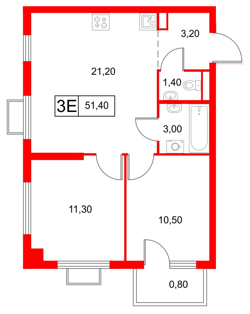 Квартира в ЖК Янинский Лес, 2 комнатная, 51.4 м², 10 этаж