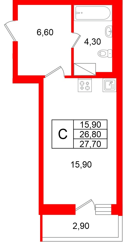Квартира в ЖК «Яркий», студия, 26.8 м², 9 этаж