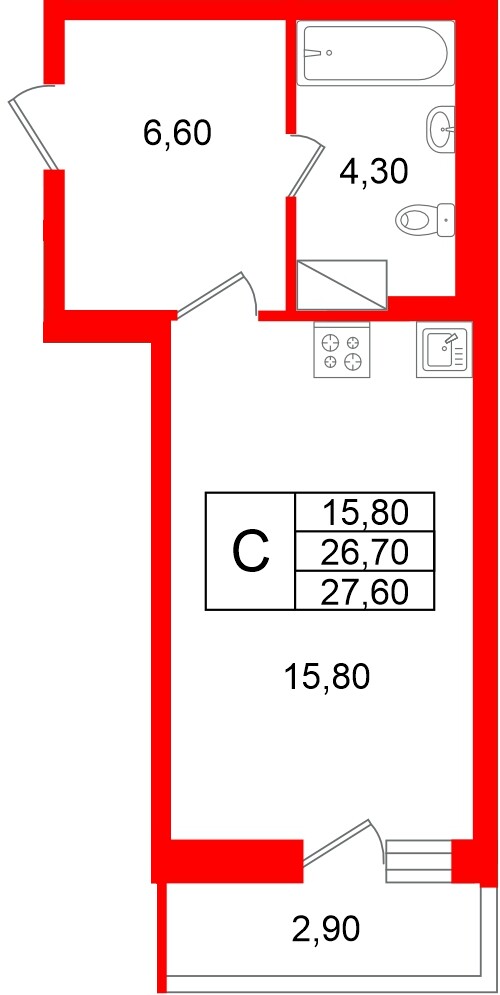 Квартира в ЖК «Яркий», студия, 26.7 м², 12 этаж