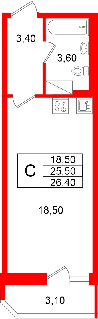Квартира в ЖК «Яркий», студия, 25.5 м², 8 этаж