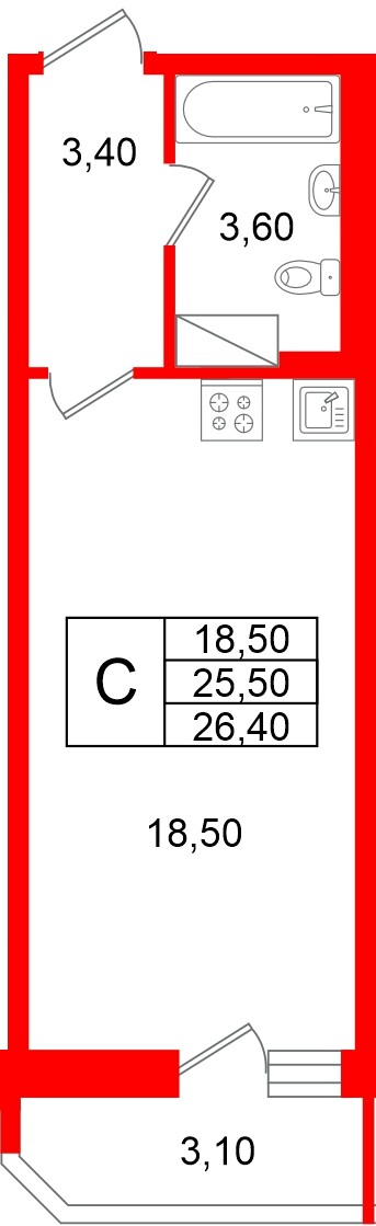 Квартира в ЖК «Яркий», студия, 25.5 м², 9 этаж