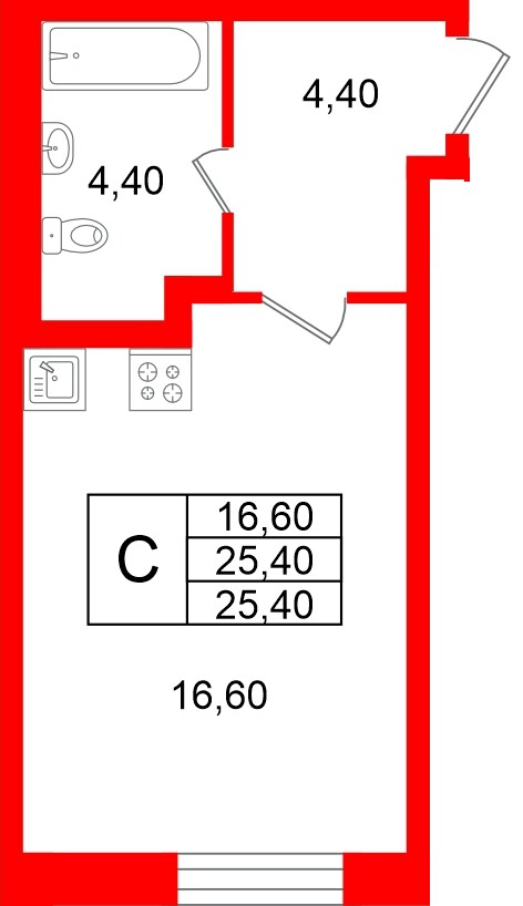 Квартира в ЖК «Яркий», студия, 25.4 м², 2 этаж