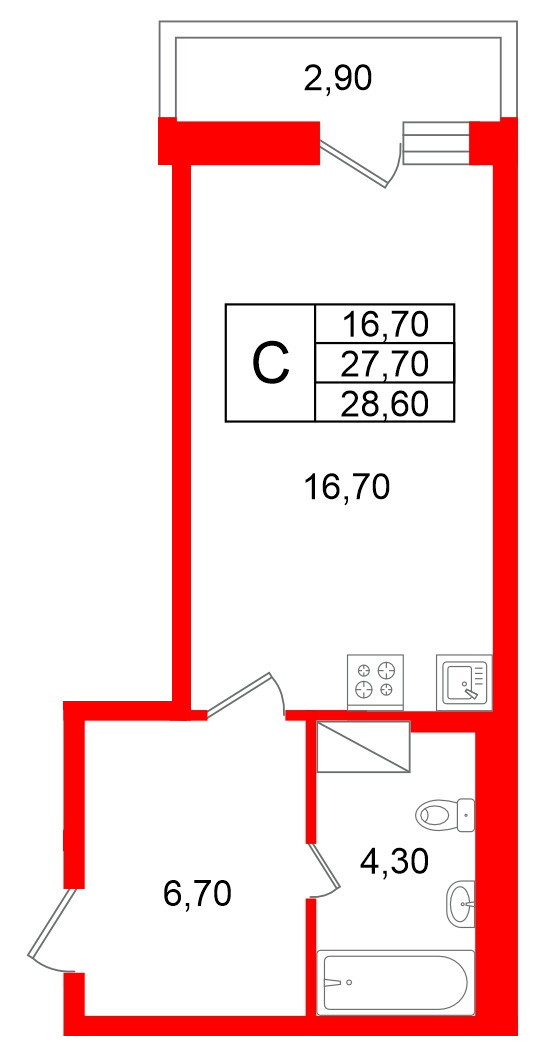Квартира в ЖК «Яркий», студия, 27.7 м², 12 этаж