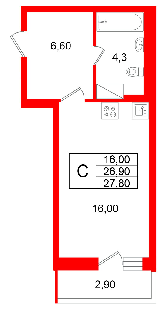 Квартира в ЖК «Яркий», студия, 26.9 м², 6 этаж