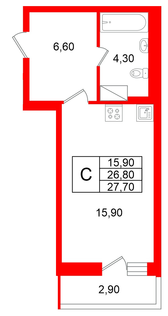 Квартира в ЖК «Яркий», студия, 26.8 м², 11 этаж