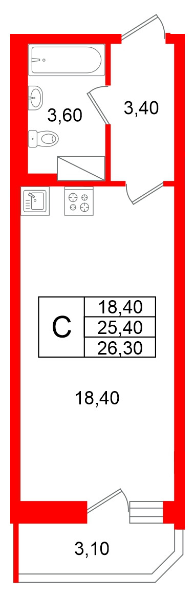 Квартира в ЖК «Яркий», студия, 25.4 м², 9 этаж