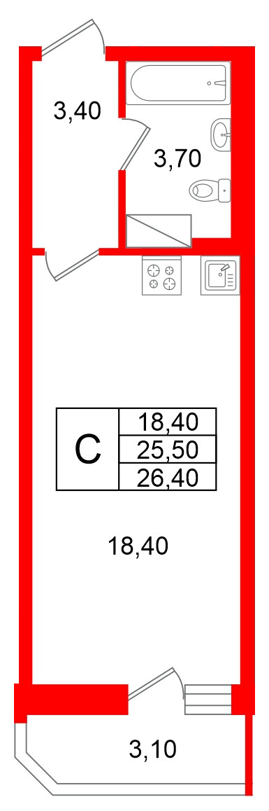 Квартира в ЖК «Яркий», студия, 25.5 м², 9 этаж