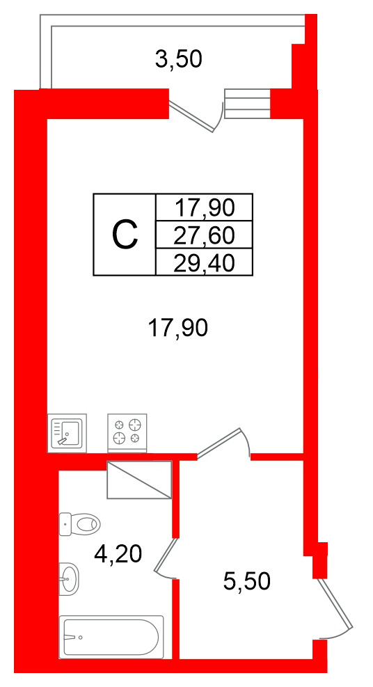 Квартира в ЖК «Яркий», студия, 27.6 м², 8 этаж
