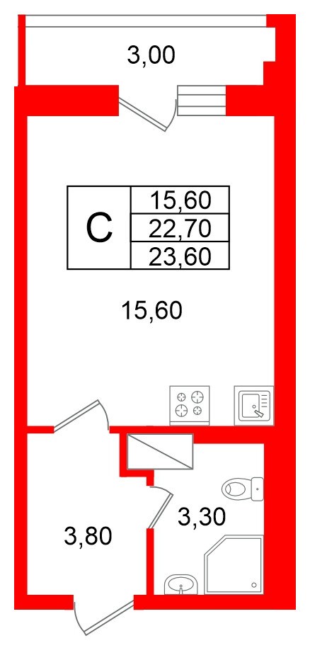 Квартира в ЖК «Яркий», студия, 22.7 м², 9 этаж