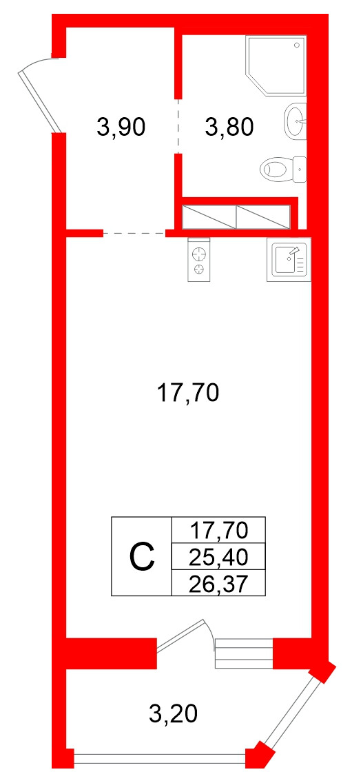 Квартира в ЖК Аннинский парк, студия, 25.4 м², 12 этаж