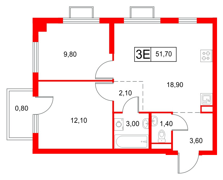 Квартира в ЖК Янинский Лес, 2 комнатная, 51.7 м², 10 этаж