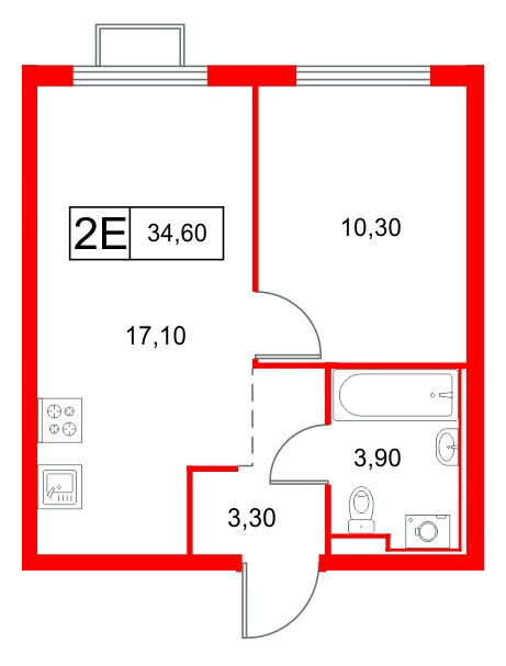 Квартира в ЖК Янинский Лес, 1 комнатная, 34.6 м², 14 этаж