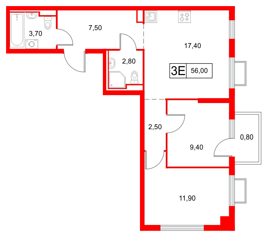 Квартира в ЖК Янинский Лес, 2 комнатная, 56 м², 8 этаж
